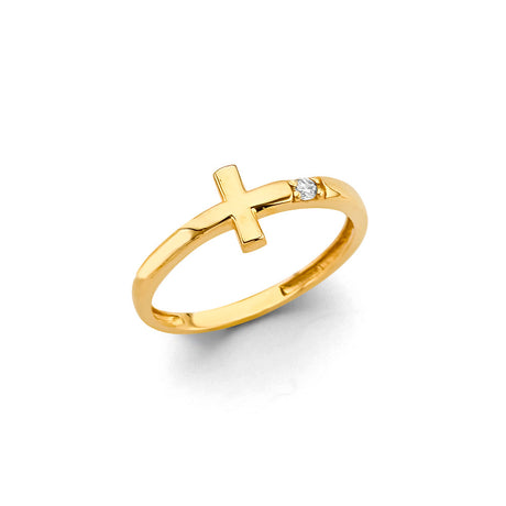 14K Yellow Gold Sideways Cross Ring with Single Stone Accent on White Background