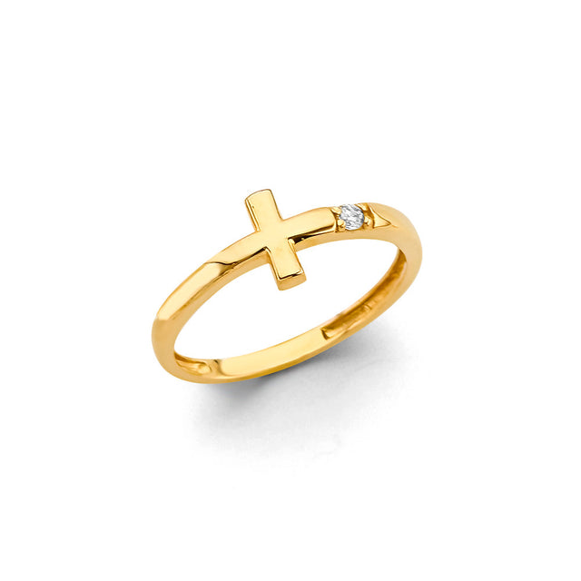 14K Yellow Gold Sideways Cross Ring with Single Stone Accent on White Background