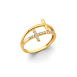 14K Yellow Gold Split-Band Double Cross Ring on White Background