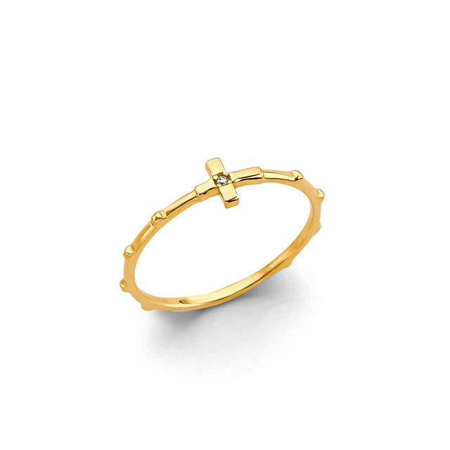 14K Yellow Gold Cross Rosary Ring on White Background