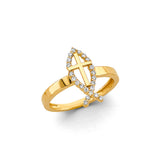 14K Yellow Gold Cross Halo Ring on White Background