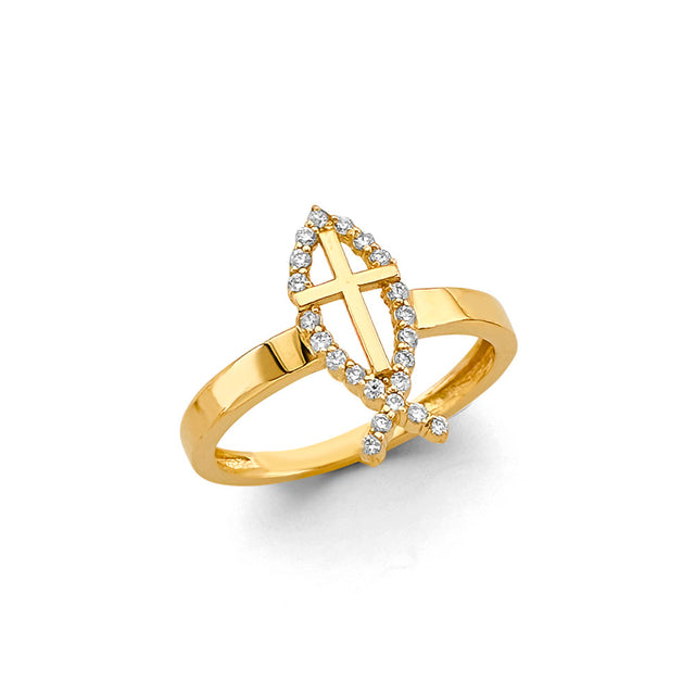14K Yellow Gold Cross Halo Ring on White Background