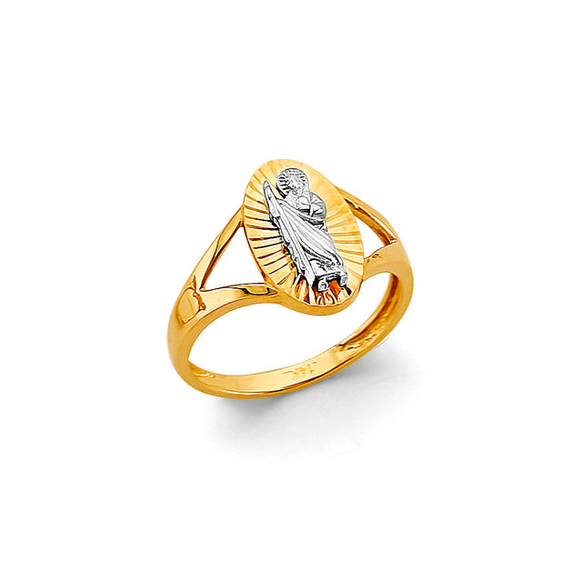 14K Two-Tone Gold Baby Guadalupe Medallion Ring on White Background