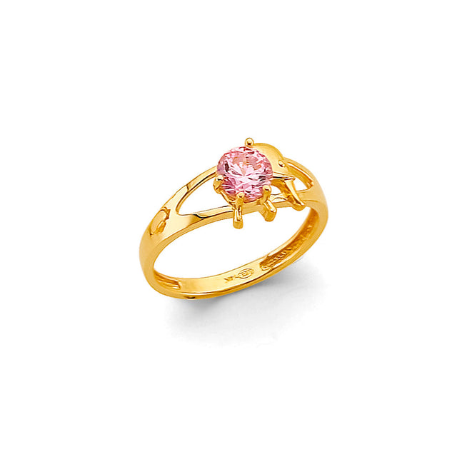 14K Yellow Gold Baby Pink Turtle Ring on White Background
