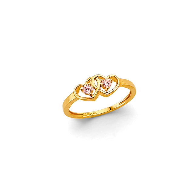14K Yellow Gold Baby Pink Double Heart Ring on White Background