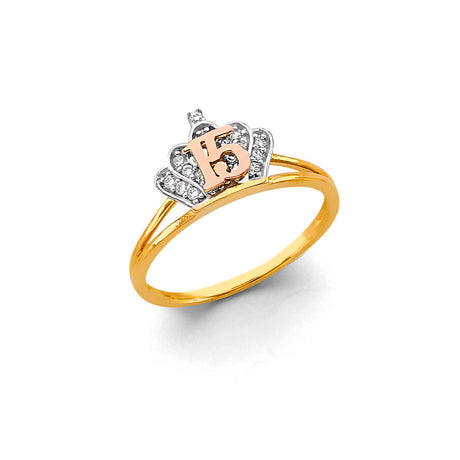 14K Two-Tone Gold Crown 15 Años Ring on White Background