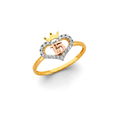 14K Tricolor Gold Crowned Heart 15 Años Ring on White Background