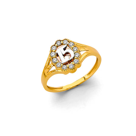 14K Two-Tone Gold Beaded Halo 15 Años Ring on White Background