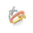 14K Tricolor Gold Pavé X Crossover Ring on White Background