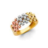 14K Tricolor Gold Diamond-Cut Ball Cluster Ring on White Background