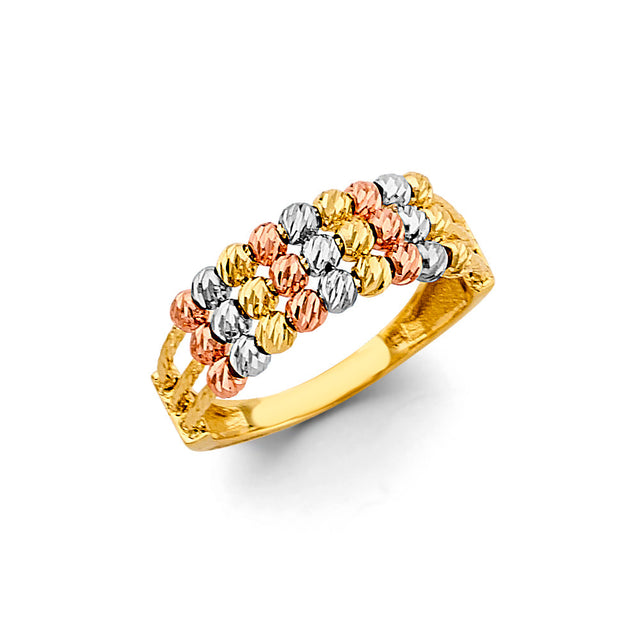 14K Tricolor Gold Beaded Trio Band Ring on White Background