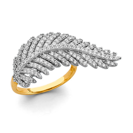 14K Two-Tone Gold Feather Ring on White Background