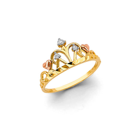 14K Yellow Gold Heart Tiara Ring on White Background