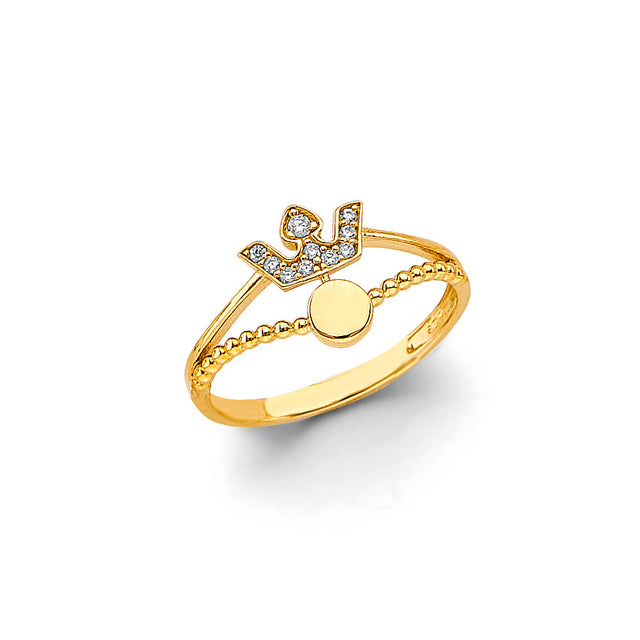14K Yellow Gold Engravable Crown Ring on White Background