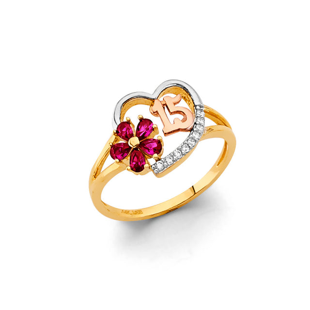 14K Yellow Gold Red Flower 15 Años Ring on White Background