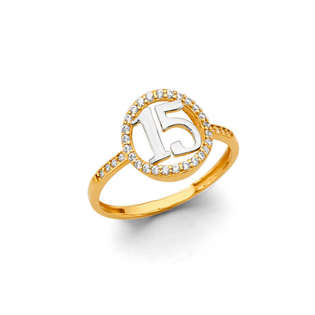 14K Yellow Gold 15 Años Oval Ring on White Background