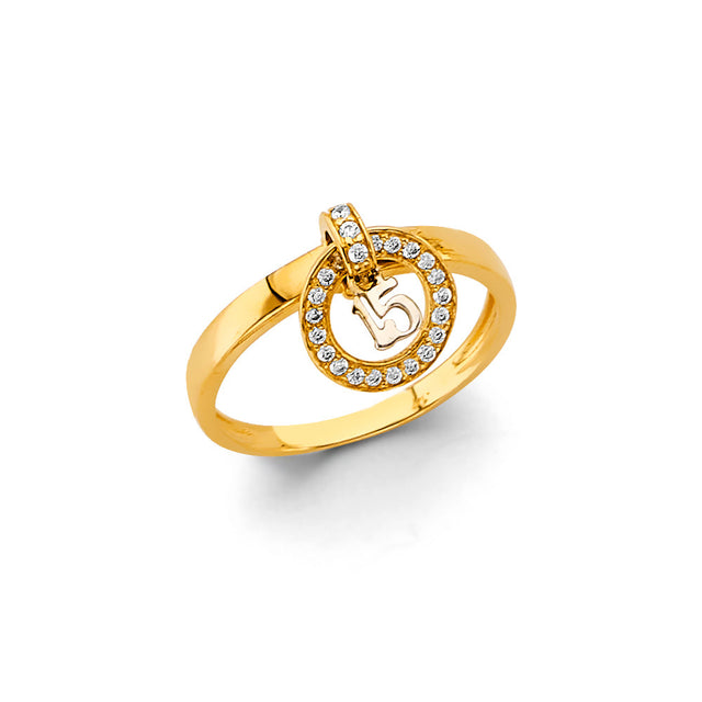 14K Yellow Gold 15 Años Charm Ring on White Background