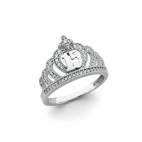 14K White Gold 15 Años Crown Ring on White Background