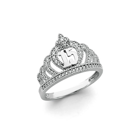 14K White Gold 15 Años Crown Ring on White Background
