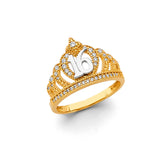 14K Tricolor Gold 16 Años Crown Ring on White Background