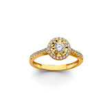 14K Yellow Gold Round Halo Ring on White Background