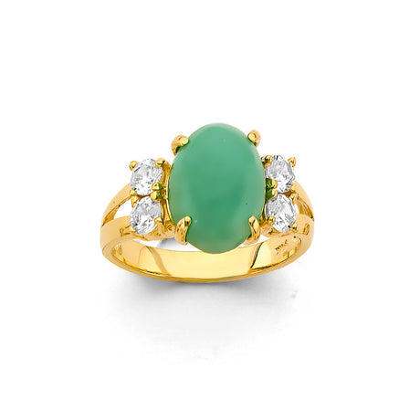 14K Yellow Gold Green Jade Ring on White Background
