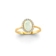 14K Yellow Gold Synthetic Opal Oval Halo Ring on White Background