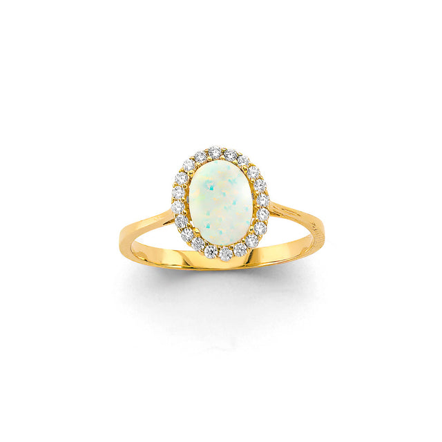 14K Yellow Gold Synthetic Opal Oval Halo Ring on White Background