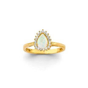 14K Yellow Gold Synthetic Opal Pear Halo Ring on White Background