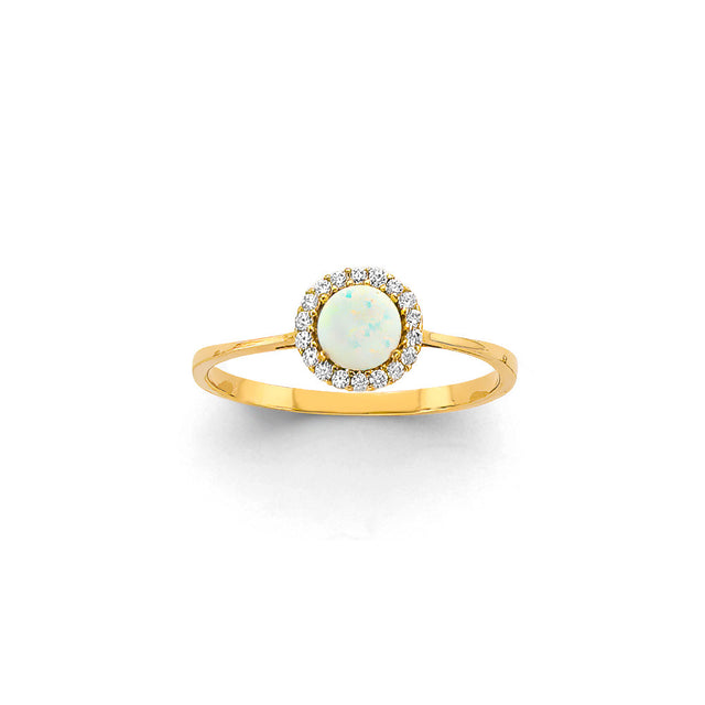 14K Yellow Gold Synthetic Opal Round Halo Ring on White Background