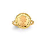 14K Yellow Gold Queen Elizabeth Coin Rope Ring on White Background