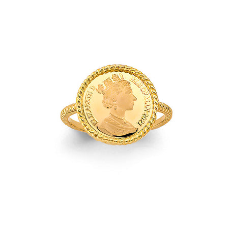 14K Yellow Gold Queen Elizabeth Coin Rope Ring on White Background