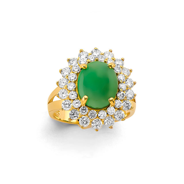 14K Yellow Gold Simulated Jade Oval Halo Ladies' Ring