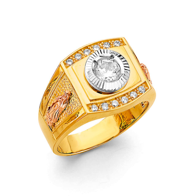 14K Tricolor Gold Our Lady of Guadalupe Square Medallion Men's Ring