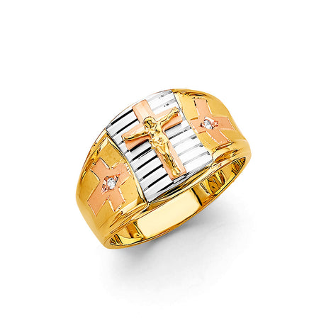 14K Tricolor Gold Crucifix Men's Ring