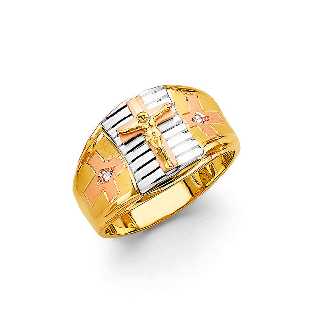14K Tricolor Gold Crucifix Men's Ring