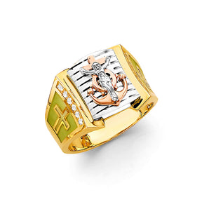 14K Tricolor Gold Anchor Cross Men's Ring