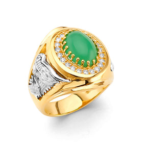 14K Two-Tone Gold Simulated Jade Cabochon Halo Men's Ring