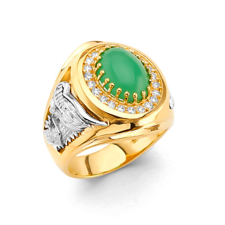 14K Two-Tone Gold Simulated Jade Cabochon Halo Men's Ring