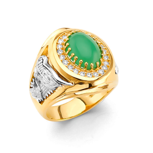 14K Two-Tone Gold Simulated Jade Cabochon Halo Men's Ring