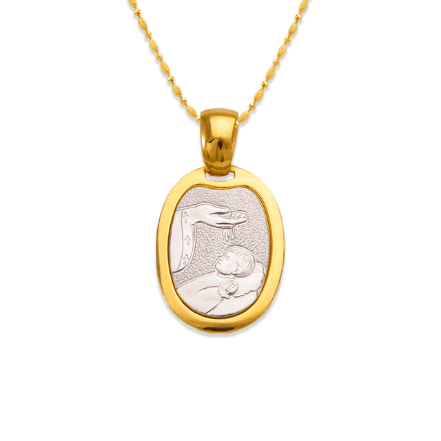14K Two-Tone Gold High Polished Oval Shape Religious Pendant