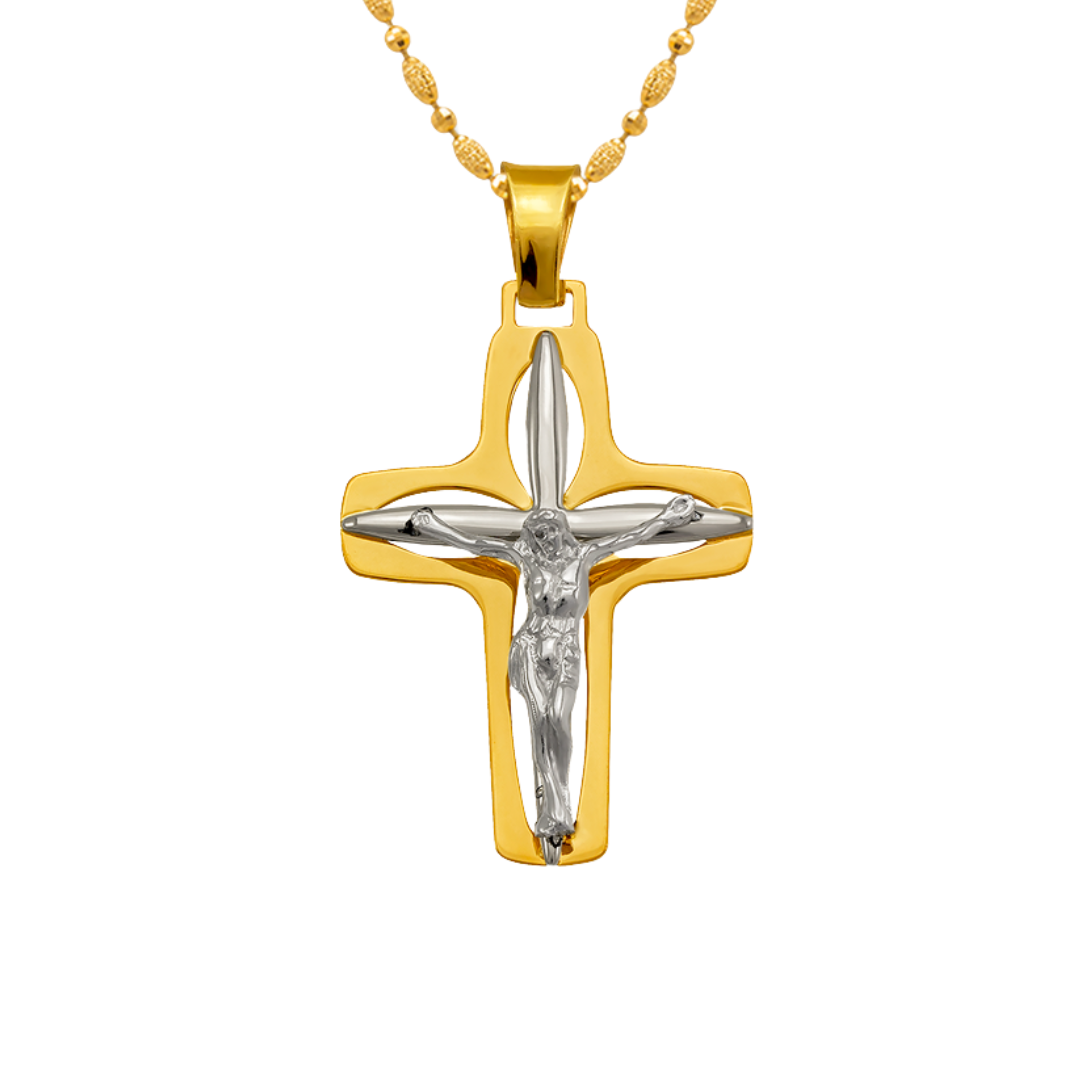 14K Two-Tone Gold High Polished Crucifix Cross Religious Pendant