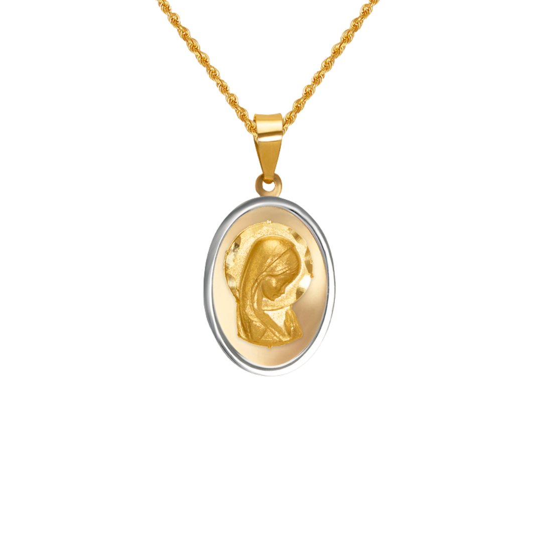 14K Two Tone Gold High Polished/Satin Finished Virgin Mary Religious Pendant