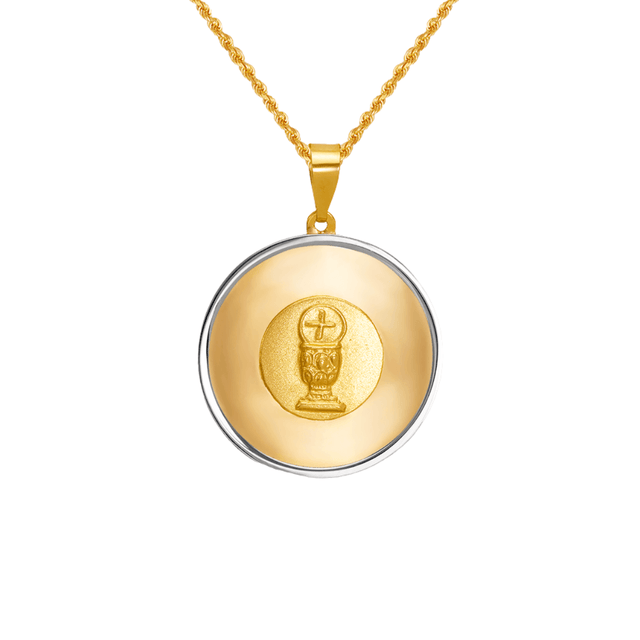 14K two-tone gold communion pendant featuring a chalice and cross design, beautifully crafted and polished.