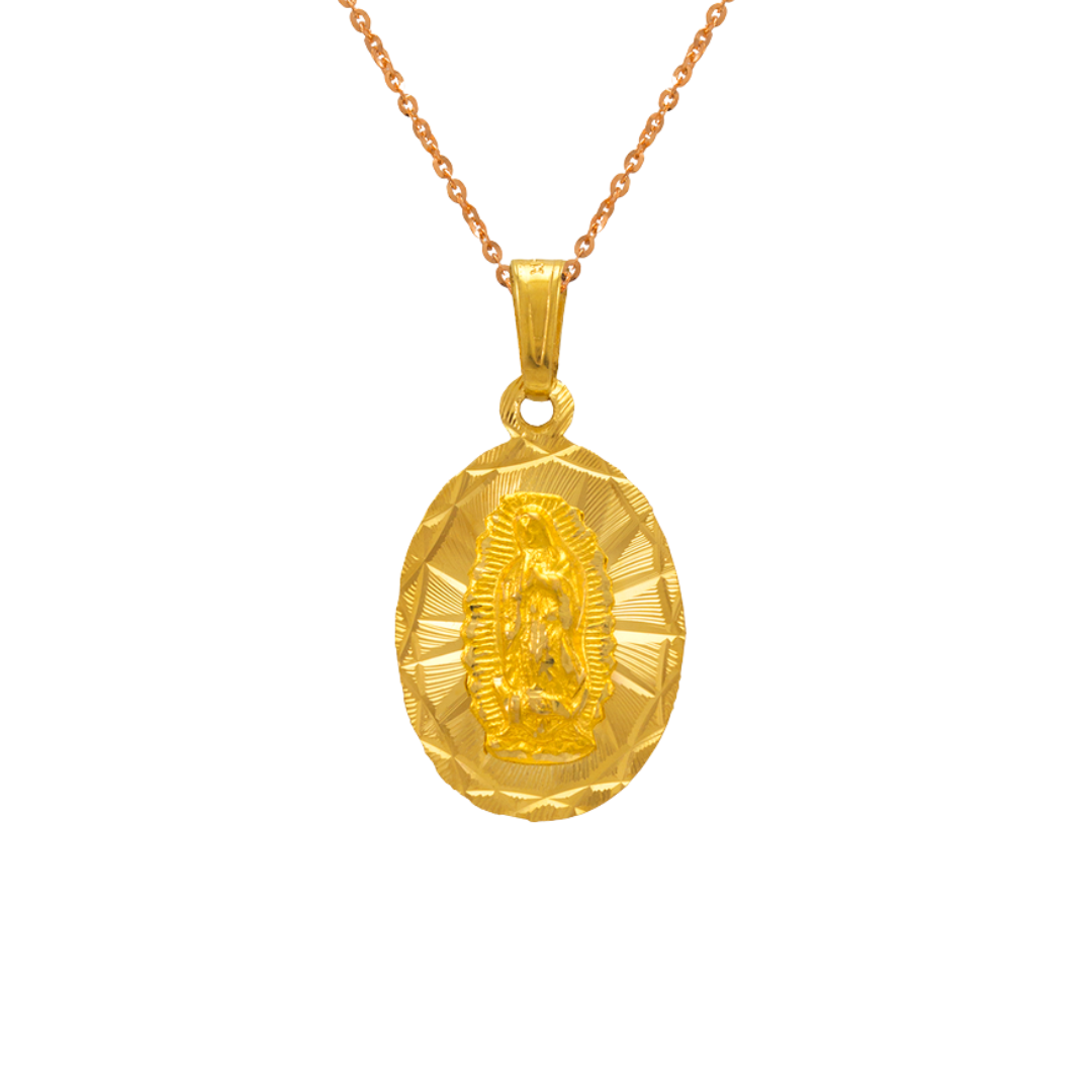 14K Yellow Gold Diamond Cut Oval Guadalupe Scapular Pendant