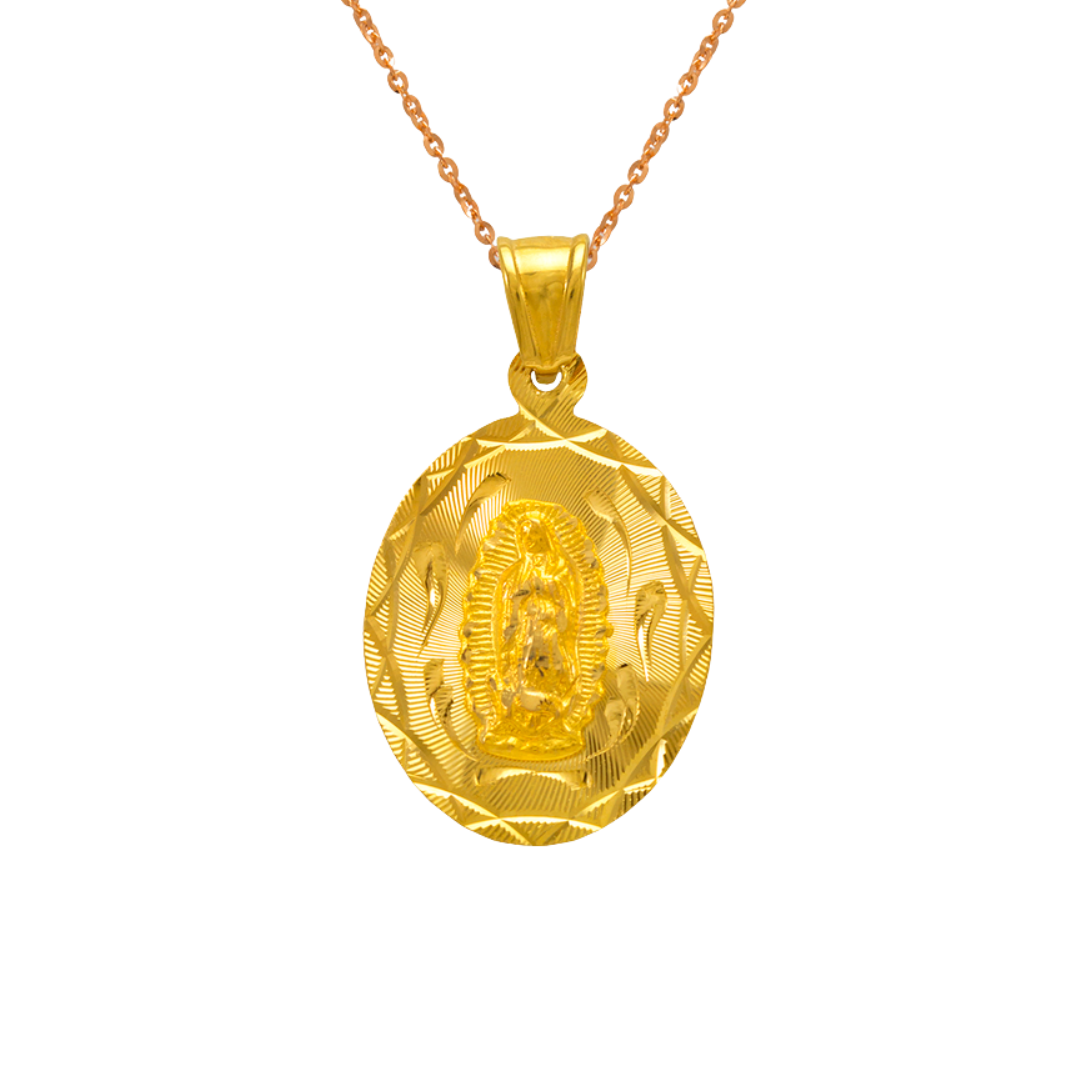 14K Yellow ,White,Tricolor Gold Diamond Cut Oval Guadalupe Scapular Religious Pendant