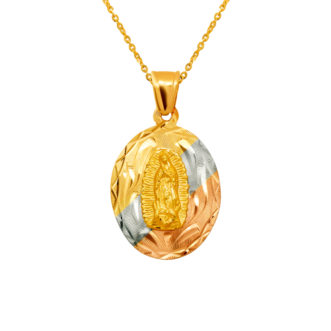 14K Yellow ,White,Tricolor Gold Diamond Cut Oval Guadalupe Scapular Religious Pendant