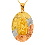 14K Yellow ,White,Tricolor Gold Diamond Cut Oval Guadalupe Scapular Religious Pendant