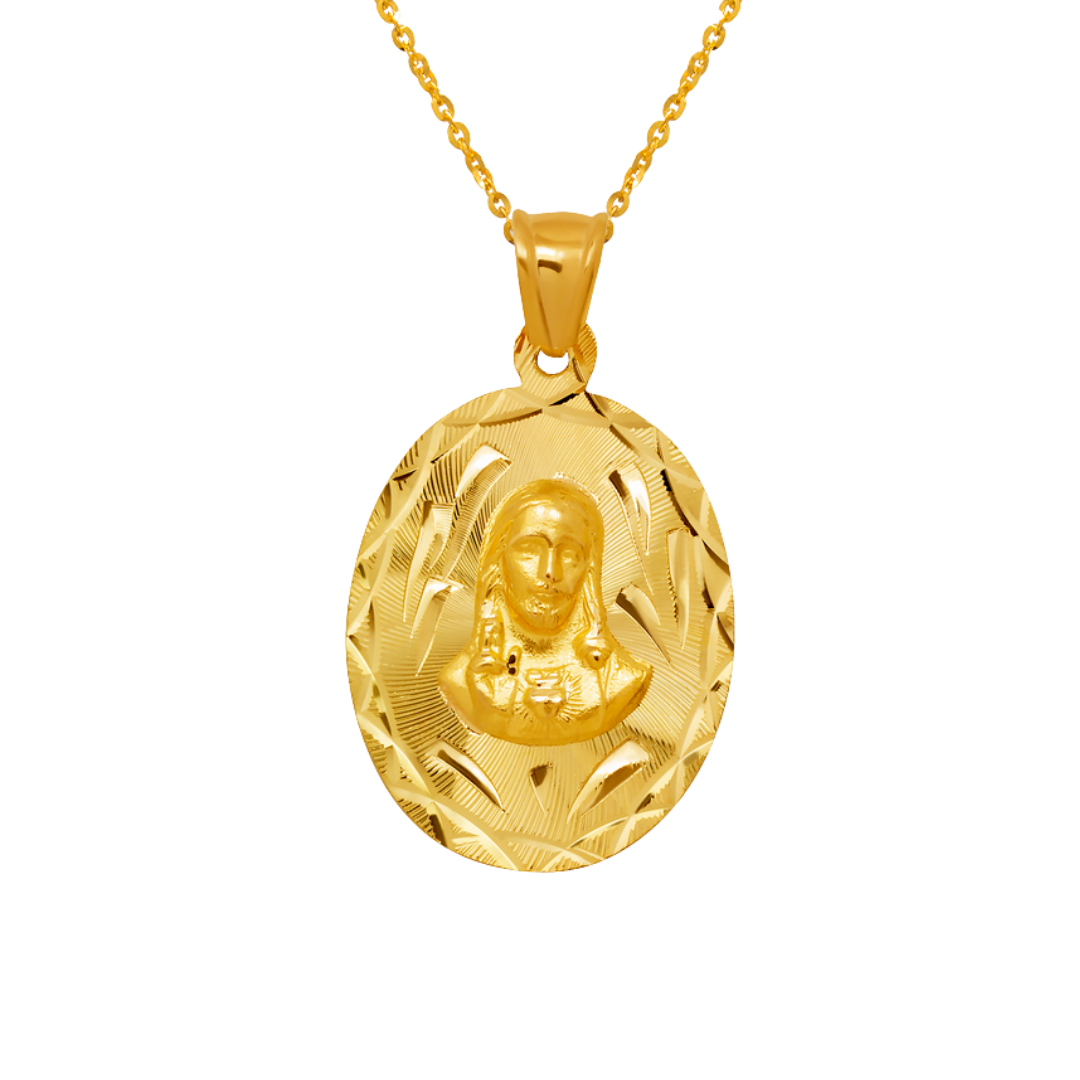 14K Yellow,Tricolor Gold Diamond Cut Oval Sacred Heart Scapular Pendant