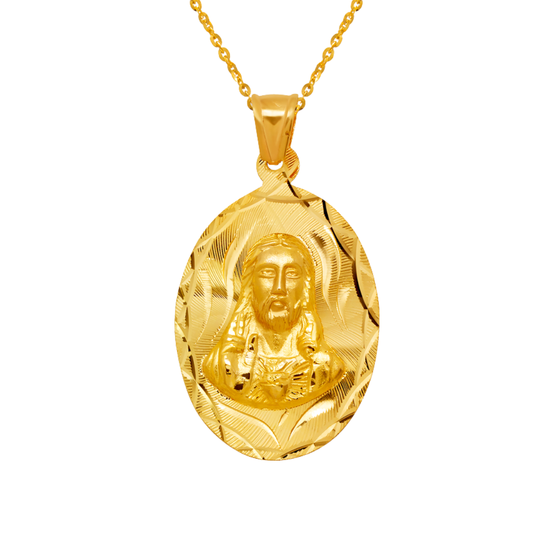 14K Yellow,Tricolor Gold Diamond Cut Oval Sacred Heart Scapular Pendant